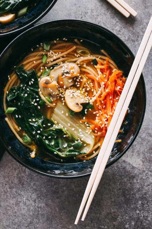 <p>Simple and easy 30-minute soba noodle soup prepared with mushrooms, noodles, and greens.</p><p><strong>Get the recipe: <a href="https://diethood.com/easy-soba-noodle-soup-recipe/" rel="nofollow noopener" target="_blank" data-ylk="slk:Easy Soba Noodle Soup;elm:context_link;itc:0;sec:content-canvas" class="link rapid-noclick-resp"><em>Easy Soba Noodle Soup</em></a></strong></p>