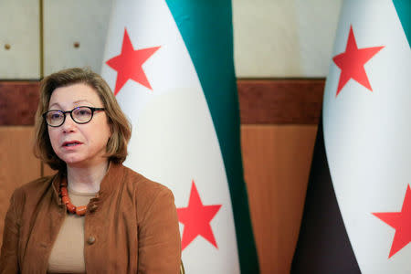 Member of the Syrian opposition negotiating delegation for the Geneva IV conference on Syria Bassma Kodmani speaks during an interview with Reuters in a hotel in Geneva, Switzerland, February 25, 2017. REUTERS/Pierre Albouy