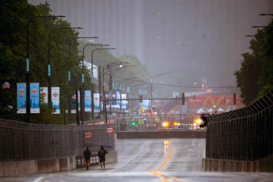 <p>Jared C. Tilton/Getty </p> A general view of the Chicago Street Course during a weather delay on Sunday