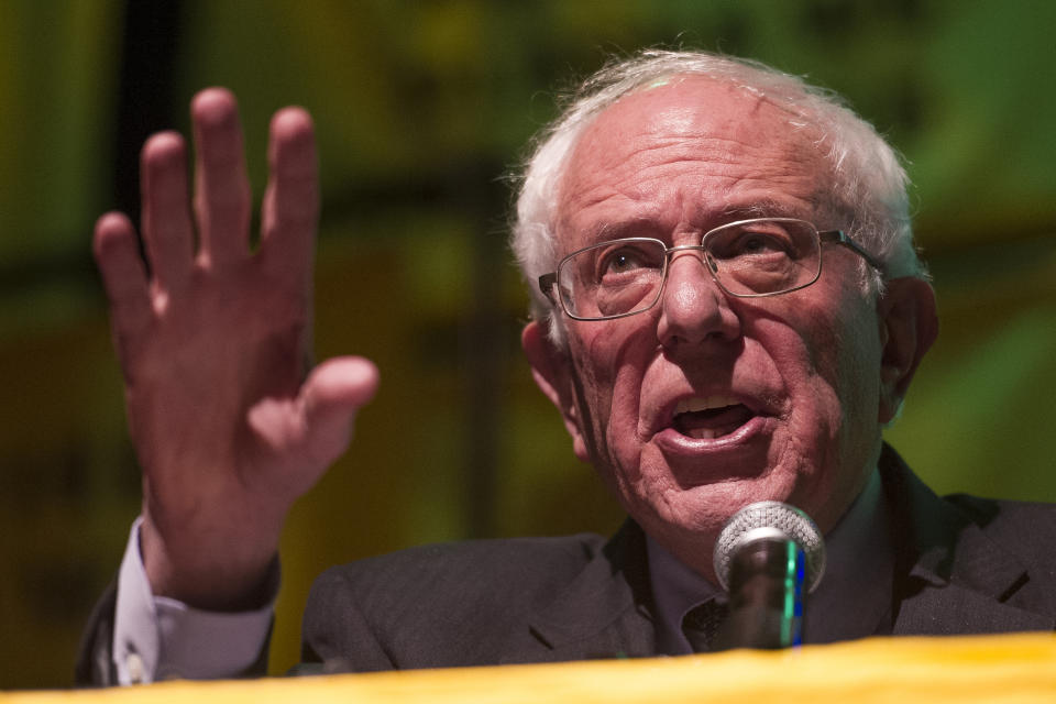 Democratic presidential candidate Sen. Bernie Sanders, I-Vt., addresses The Road to the Green New Deal Tour final event at Howard University in Washington, Monday, May 13, 2019. (AP Photo/Cliff Owen)
