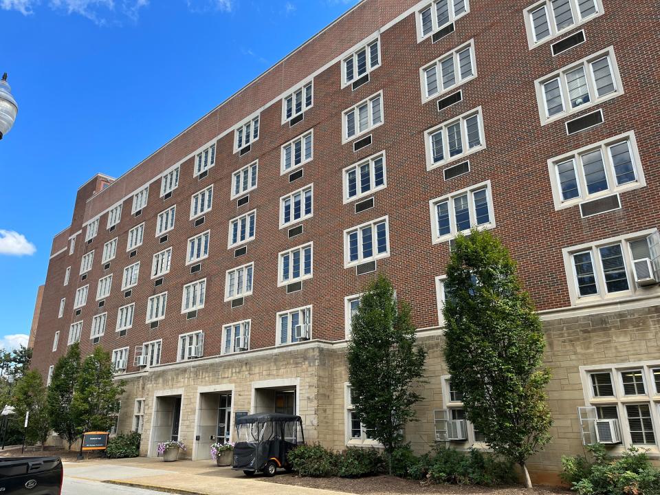 The front of Dunford Hall, built in 1955, is shown on Sept. 8, 2022. It is scheduled to be razed for a new business school building.