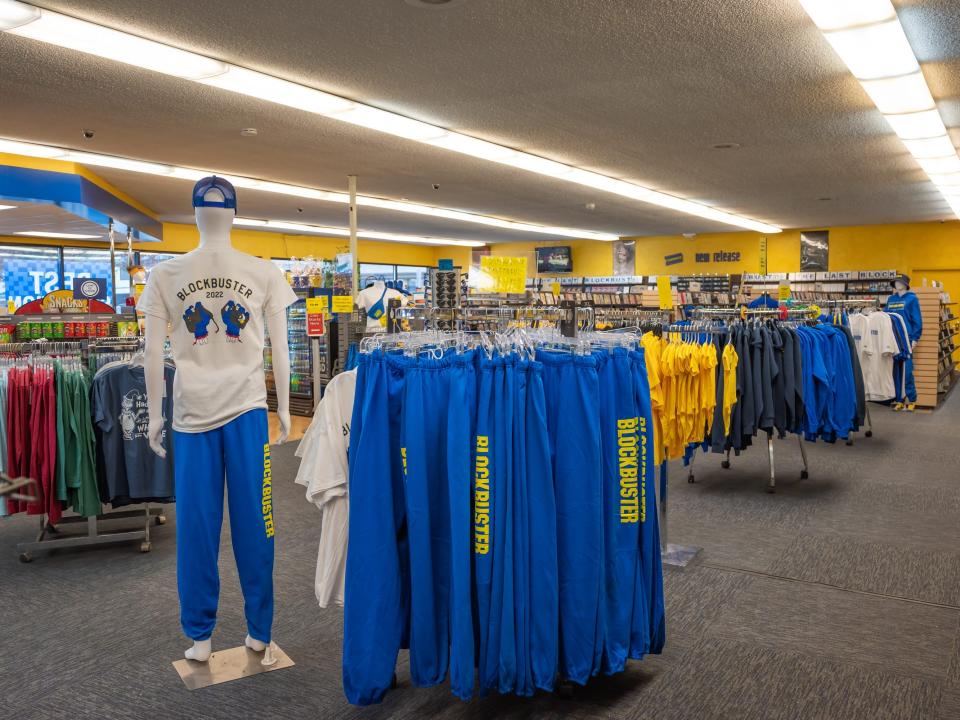 blockbuster blue pants and t shirts in merch display