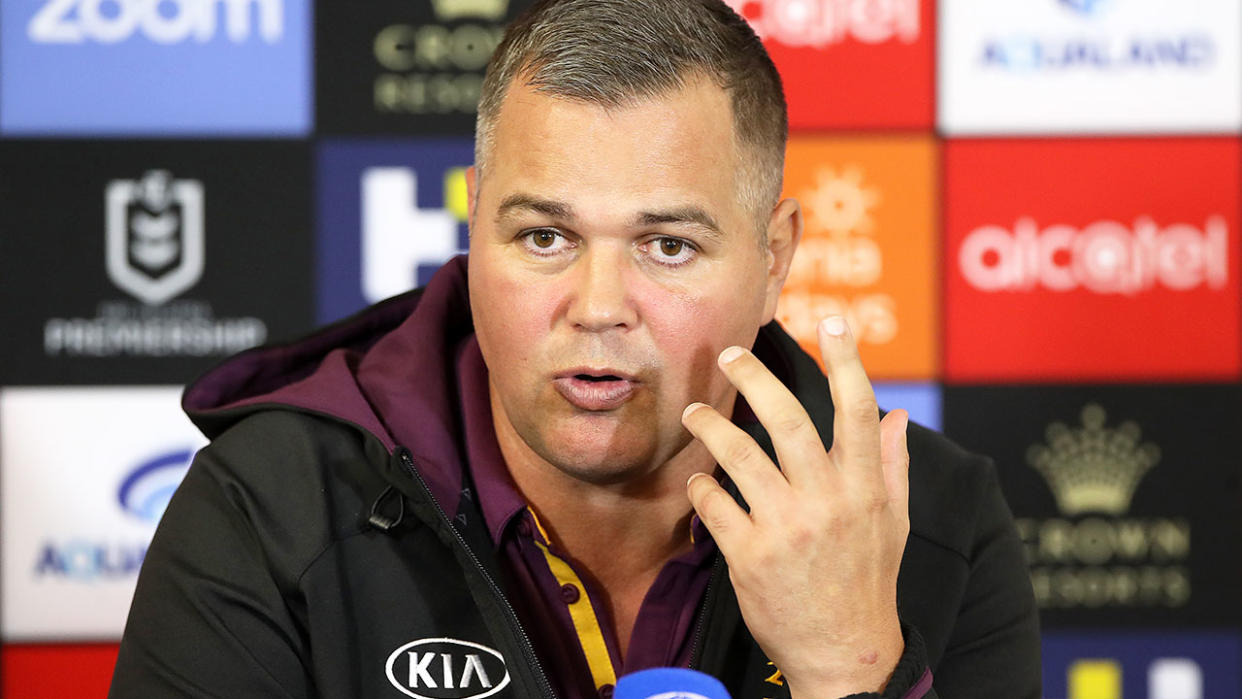 Pictured here, Brisbane Broncos coach Anthony Seibold at an NRL press conference.