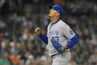 Kansas City Royals starting pitcher Carlos Hernandez reacts after getting the final out of the fifth inning against the Detroit Tigers during a baseball game, Friday, Sept. 24, 2021, in Detroit. (AP Photo/Jose Juarez)