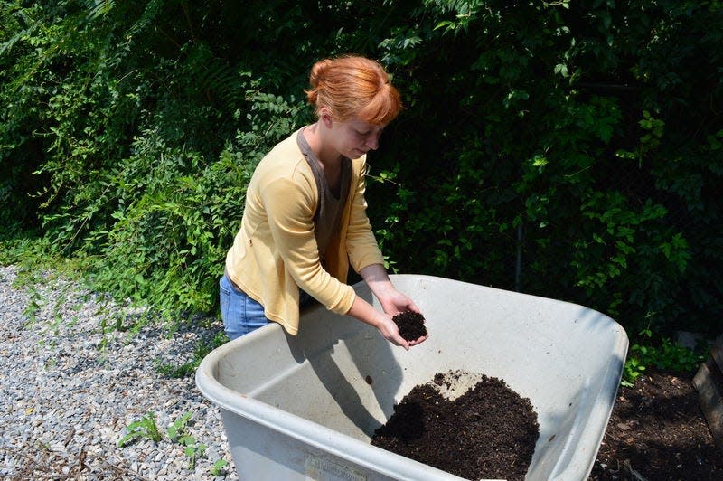 Hannah Lencheck, volunteer coordinator with Mother Hubbard's Cupboard, checks on the compost ready to place on the food pantry's gardens in 2016.