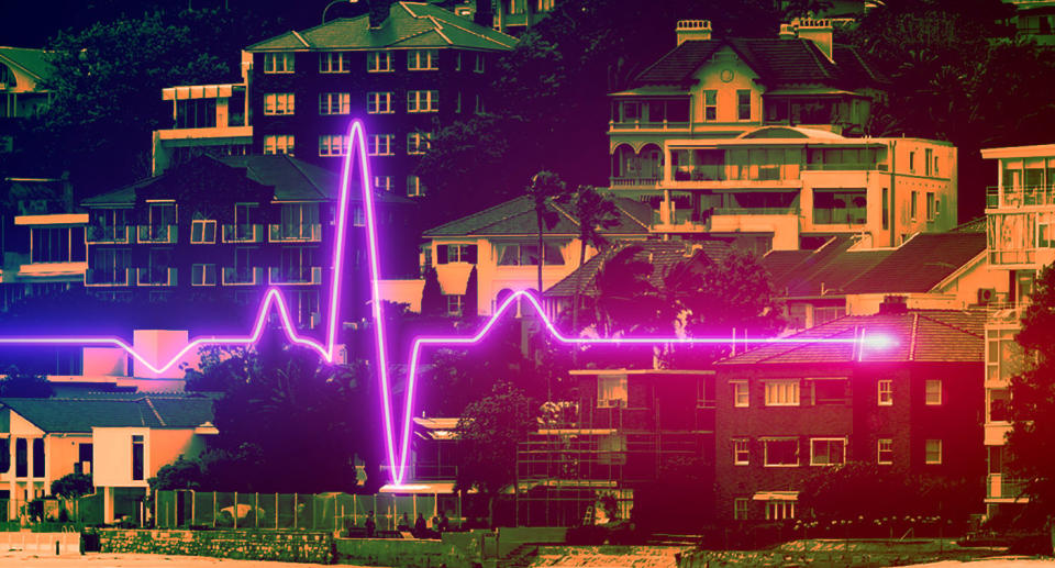 Heart rate monitor flatline over generic housing picture.