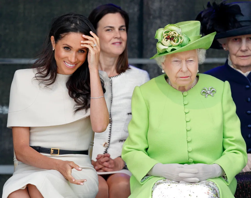 Markle wore the earrings gifted by the queen to their first outing together in 2018. (Photo: Getty Images)