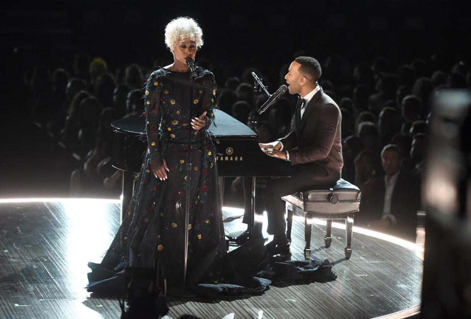 Cynthia Erivo and John Legend perform onstage during The 59th Grammy Awards