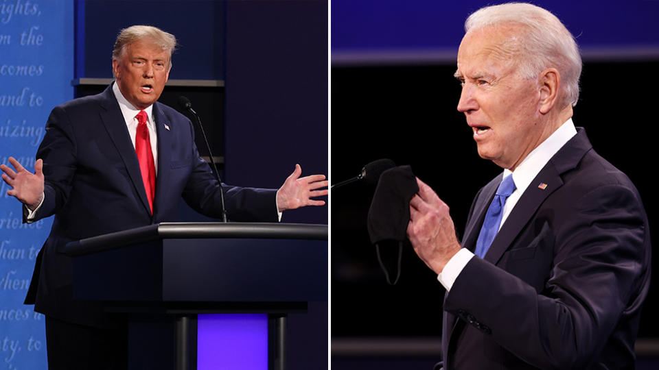 Pictured during a presidential debate is President Donald Trump and Democratic nominee, Joe Bide