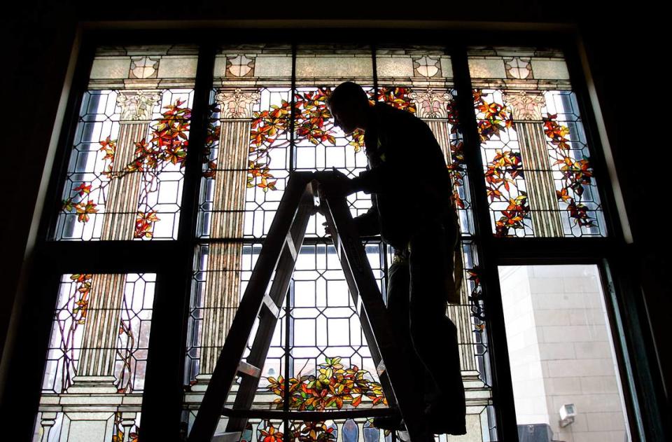 During renovations in 2008, Aaron Jaben of Uroglass Designs worked on stained glass windows in Corinthian Hall.