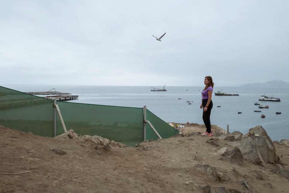 A thin green fence separates Arce’s neighborhood from the port construction site. (Florence Goupil for NBC News)