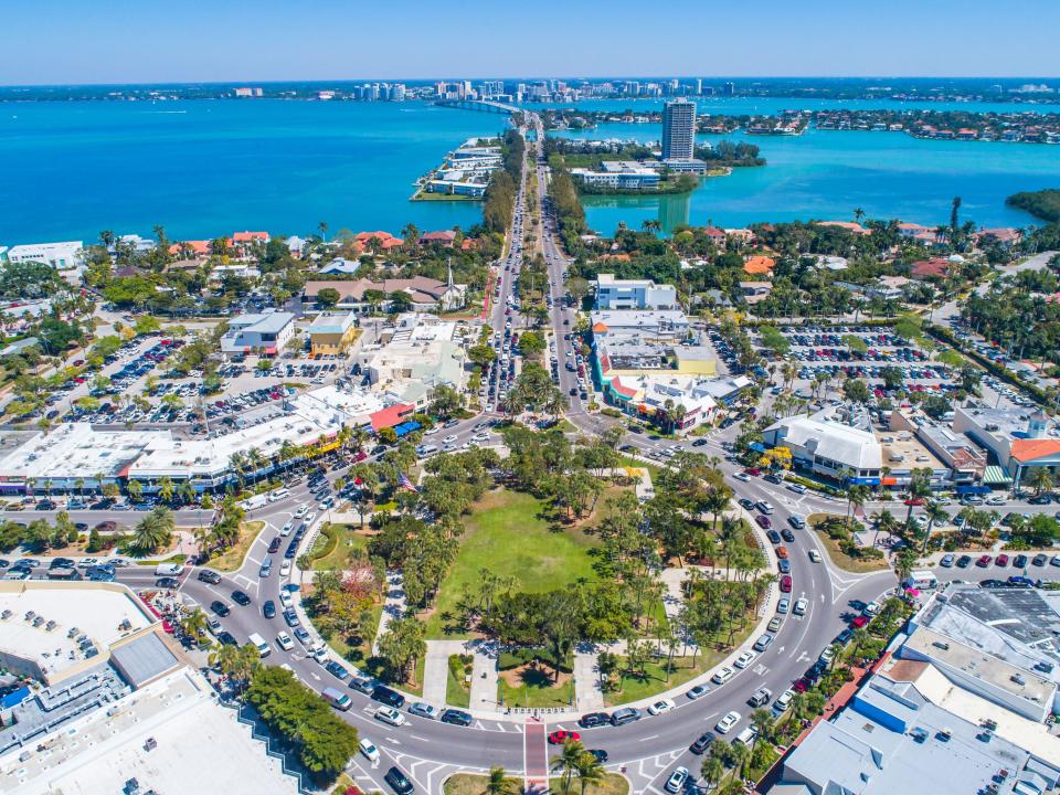 An aerial view of roads through Sarasota, Florida.