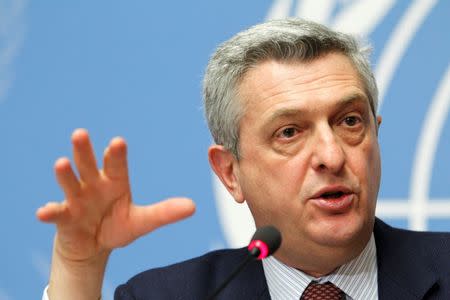 New U.N. High Commissioner for Refugees Filippo Grandi gives his first news conference at the United Nations European headquarters in Geneva, Switzerland, January 7, 2016. REUTERS/Pierre Albouy