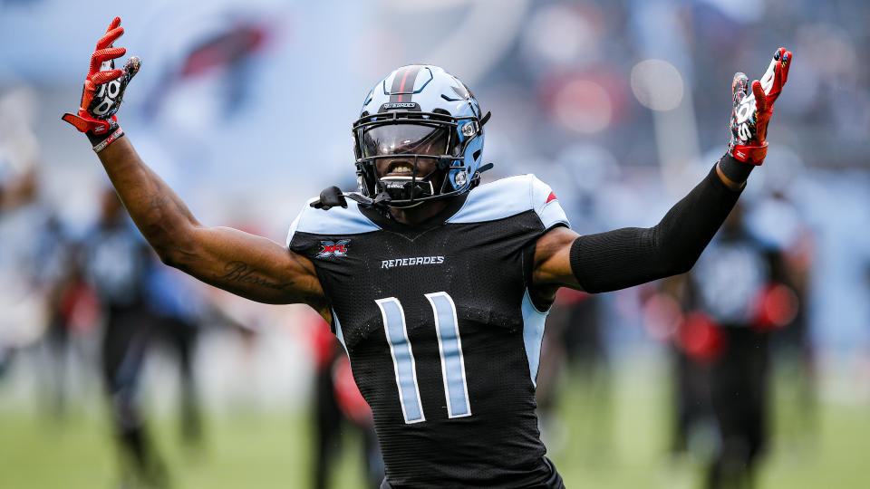 Dallas Renegades wide receiver Joshua Crockett (11) before an XFL football game against the St. Louis Battlehawks. (AP Photo/Brandon Wade)