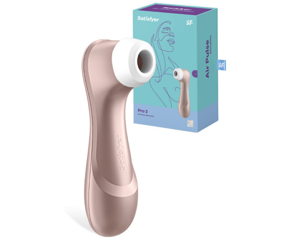 The Satisfyer Pro in rose gold on a white background with the blue box behind it.