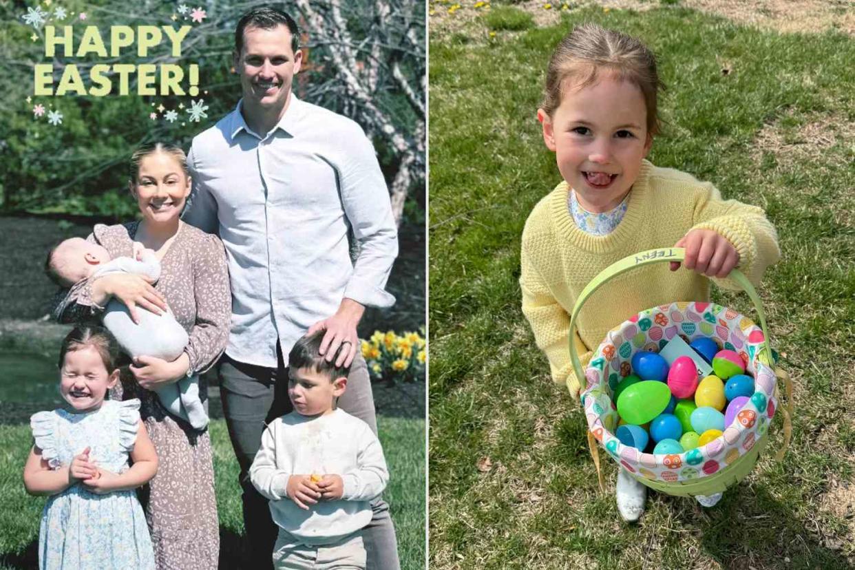 <p>Shawn Johnson/Instagram</p> Shawn Johnson East and family (L), Drew Hazel East poses with her Easter basket (R)