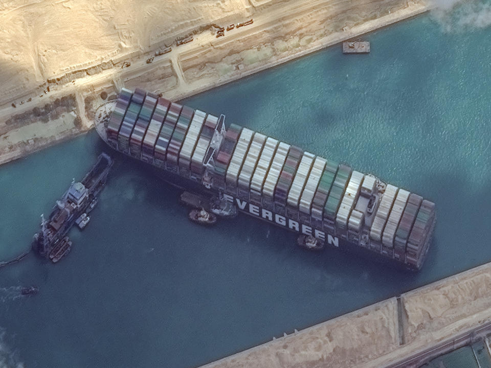 STUCK SHIP EVER GIVEN, SUEZ CANAL -- MARCH 26, 2021:  Maxars WorldView-2 collected new high-resolution satellite imagery of the Suez canal and the container ship (EVER GIVEN) that remains stuck in the canal north of the city of Suez, Egypt.  Please use: Satellite image (c) 2020 Maxar Technologies.