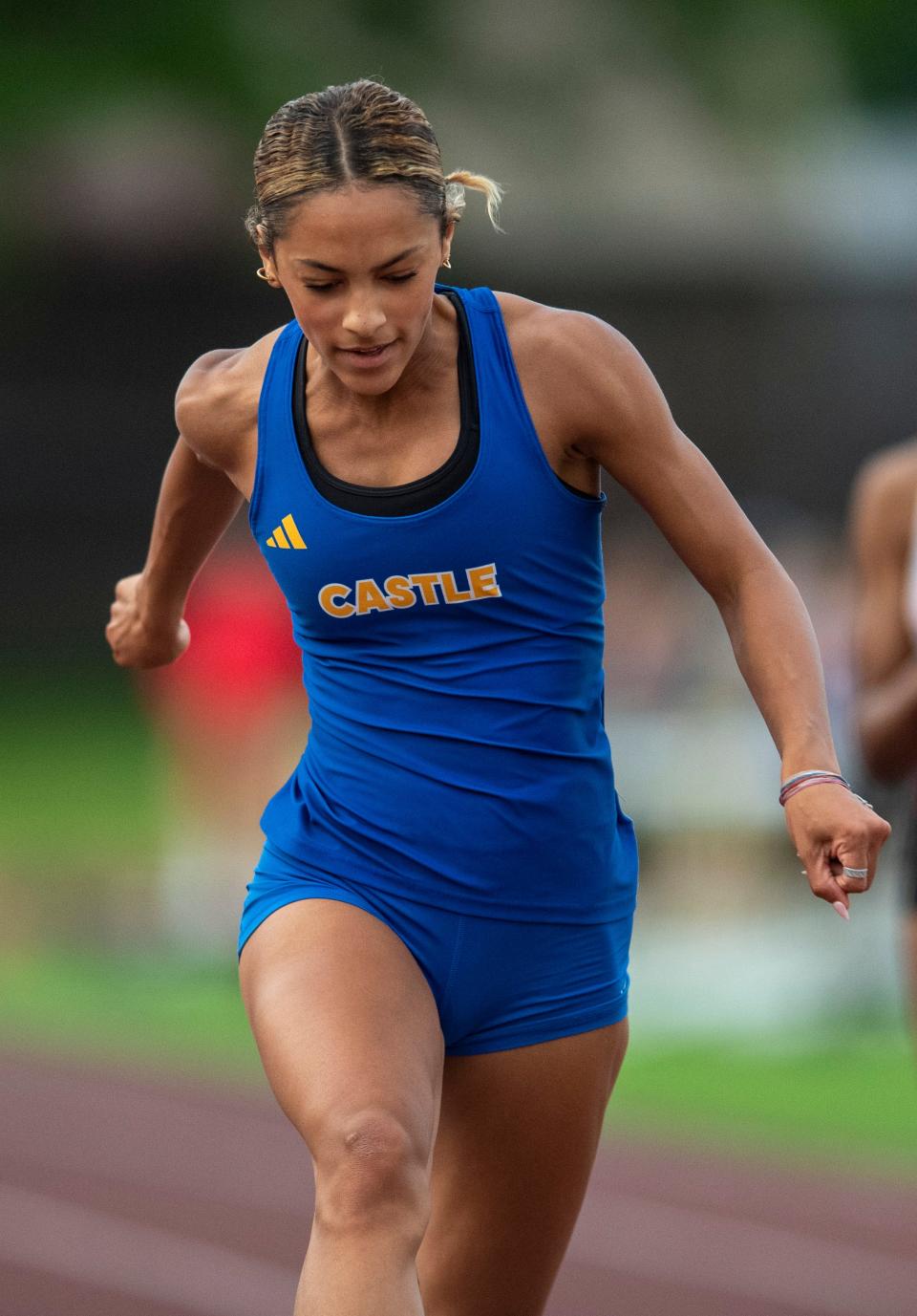 Castle’s Amaya Royal wins the 100 meter dash during the 2024 Southern Indiana Athletic Conference Girls Track & Field meet at Central High School in Evansville, Ind., Wednesday, May 1, 2024.