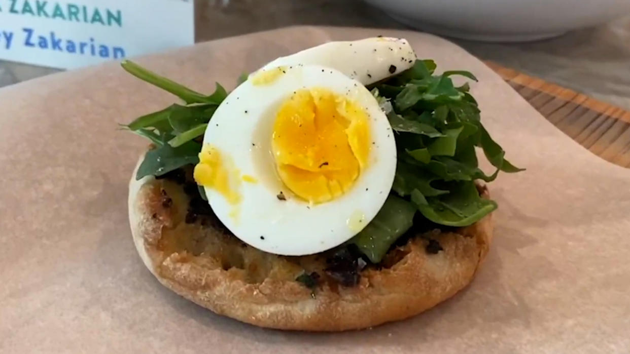 Chef Zakarian’s daughters say this Cuckoo Egg and Olive Tartines dish is their favorite breakfast.