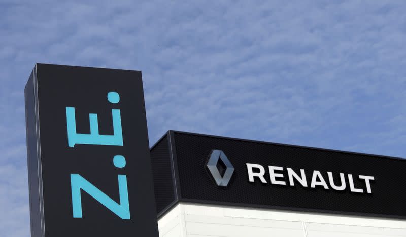 A Renault ZE (Zero Emission) logo for electric cars is seen at a Renault automobile dealership in Cagnes-Sur-Mer