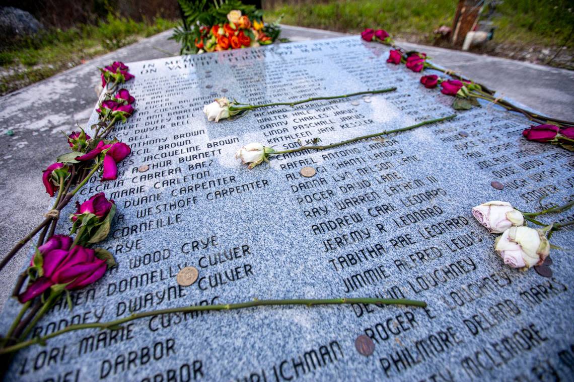 The names of the 110 people killed on May 11, 1996, can be seen etched into stone during the 25th anniversary of the tragedy, at the memorial of the ValuJet Flight 592 off the Tamiami Trail in Miami-Dade County, Florida, on Tuesday, May 11, 2021.