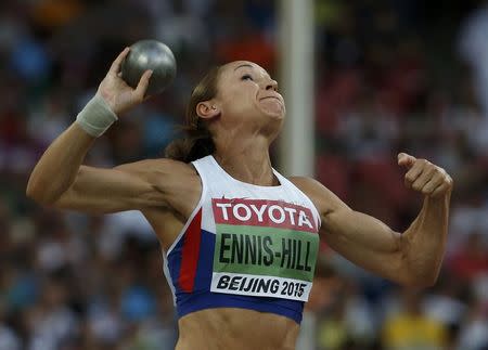 Jessica Ennis-Hill of Britain competes in the shot put event of the women's heptathlon during the 15th IAAF World Championships at the National Stadium in Beijing, China, August 22, 2015. REUTERS/Phil Noble