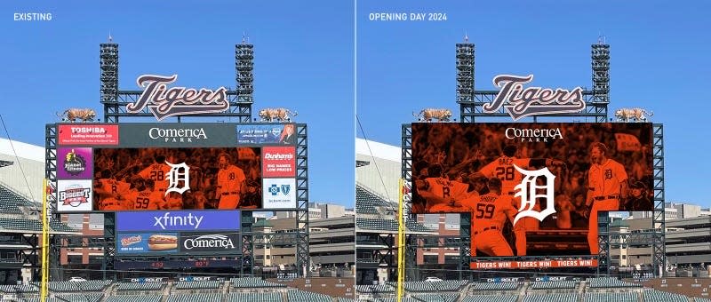 A rendering from the Detroit Tigers of the new 15,688-square-foot videoboard at Comerica Park.