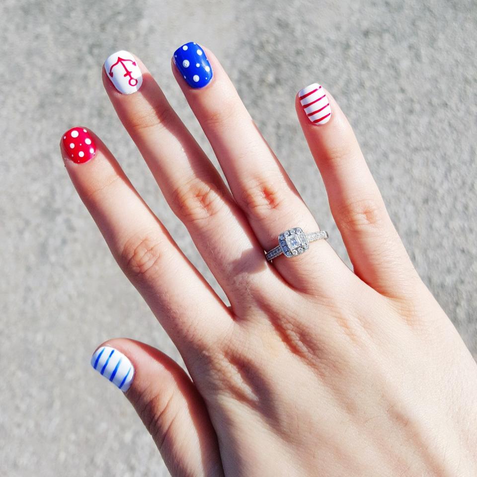 <p>Make your manicure stand out by drawing on red, blue and white dots and stripes, and add a <a href="https://www.goodhousekeeping.com/beauty/nails/g37662892/best-nail-stickers/" rel="nofollow noopener" target="_blank" data-ylk="slk:nail sticker;elm:context_link;itc:0;sec:content-canvas" class="link ">nail sticker</a> to the mix to make it even more fun!</p><p><a class="link " href="https://www.amazon.com/TailaiMei-Summer-Stickers-Self-adhesive-Stencil/dp/B07MWYWXC9/?tag=syn-yahoo-20&ascsubtag=%5Bartid%7C10055.g.1278%5Bsrc%7Cyahoo-us" rel="nofollow noopener" target="_blank" data-ylk="slk:SHOP NAIL DECALS;elm:context_link;itc:0;sec:content-canvas">SHOP NAIL DECALS</a></p>