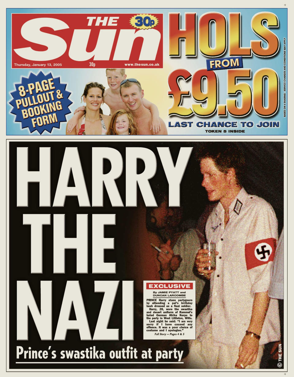 <p>Quick — hide this from Meghan Markle! In 2005, a 21-year-old Prince Harry went to a costume party dressed as a Nazi — swastika and all. And, yes, he publicly apologized, too. (Photo: Reuters) </p>