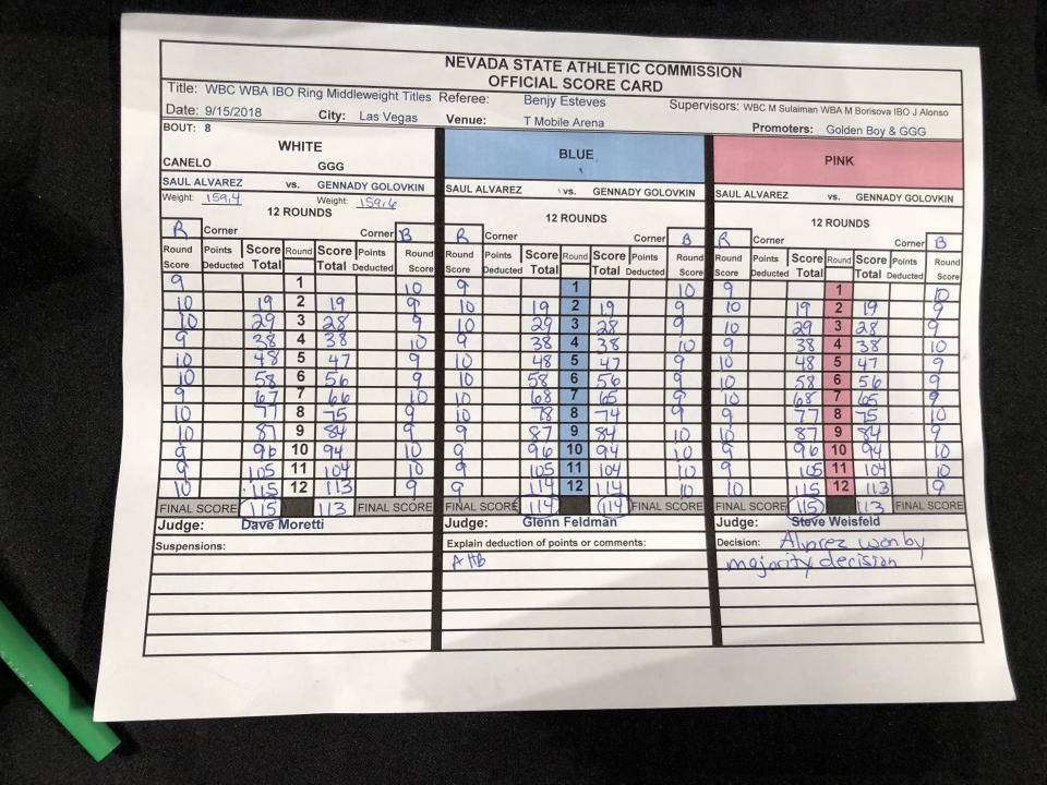 The official Gennady Golovkin-Canelo Alvarez scorecard from Sept. 15, 2018. (Yahoo Sports)