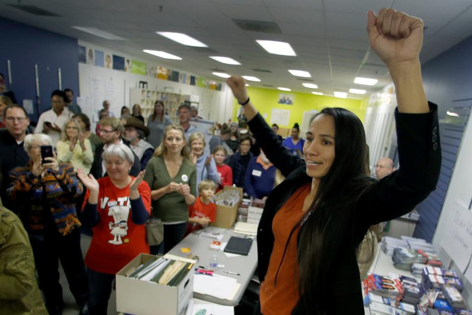 Democratic Congressional candidate Sharice Davids talks to supporters at her campaign office in October 2018 in Overland Park, Kansas.