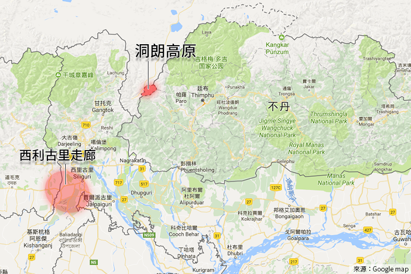 <cite>印度與中國在洞朗高原對峙，攸關西利古里走廊的敏感地位（Google Map，風傳媒製圖）</cite>