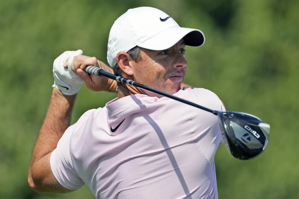 Rory McIlroy of Northern Ireland tees off on the 13th hole during the third round of the Hero Dubai Desert Classic golf tournament, in Dubai, United Arab Emirates, Saturday, Jan. 20, 2024. (AP Photo/Kamran Jebreili)