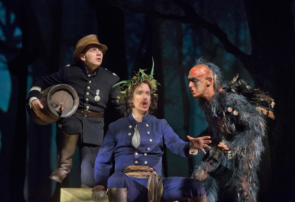 In this Oct. 15, 2012 photo provided by the Metropolitan Opera, Iestyn Davies, left, is Trinculo, Kevin Burdette, center, is Stefano, and Alan Oke is Caliban during a dress rehearsal of Thomas Adès's "The Tempest," at the Metropolitan Opera in New York. (AP Photo/Metropolitan Opera, Ken Howard)