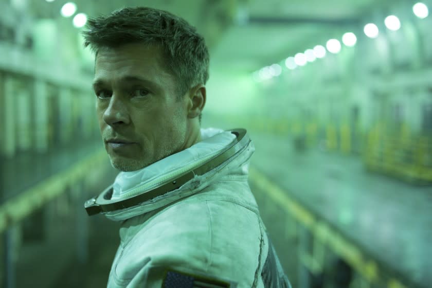 This image released by 20th Century Fox shows Brad Pitt in a scene from "Ad Astra," in theaters on Sept. 20. (Francois Duhamel/20th Century Fox via AP)