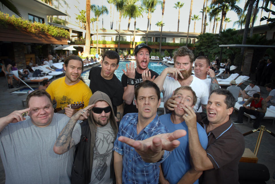 Jackass cast, clockwise from top left: Chris Pontius, Steve-O, Ehren McGhehey, Ryan Dunn, Jason "Wee Man" Acuna, Jeff Tremaine, Dave England, Johnny Knoxville, Bam Margera, and Preston Lacy. (Photo: Allen J. Schaben via Getty Images)