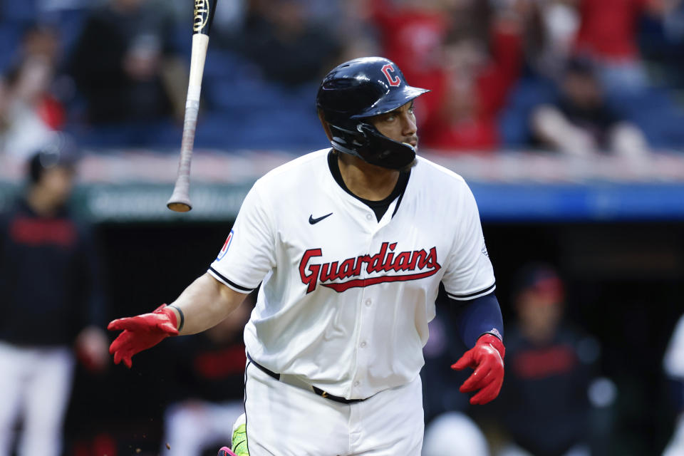 Cleveland Guardians' Josh Naylor rounds the bases after hitting a solo home run off Chicago White Sox pitcher Erick Fedde during the fourth inning of a baseball game, Wednesday, April 10, 2024, in Cleveland. (AP Photo/Ron Schwane)