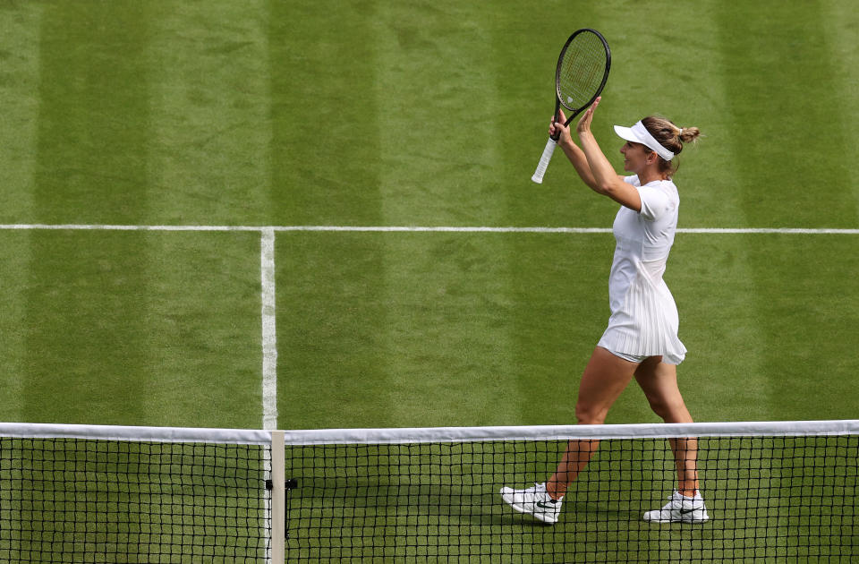 Simona Halep, pictured here celebrating her win over Karolina Muchova at Wimbledon.