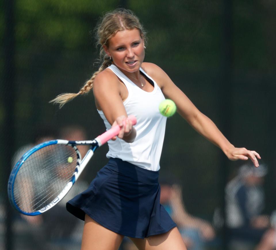 Central Catholic Ella Thompson hits the ball during the IHSAA sectionals tennis match, Wednesday, May 17, 2023, at Harrison High School in West Lafayette, Ind. 