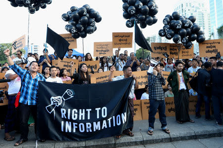 Myanmar press freedom advocates and youth activists hold a demonstration demanding the freedom of two jailed Reuters journalists Wa Lone and Kyaw Soe Oo in Yangon, Myanmar September 16, 2018. REUTERS/Ann Wang