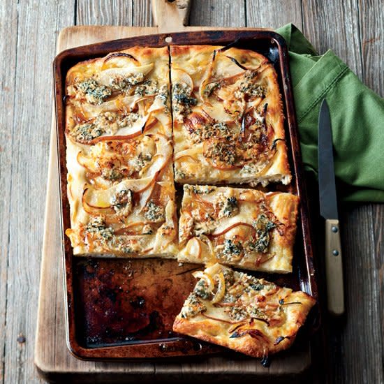 Focaccia with Caramelized Onions, Pear and Blue Cheese