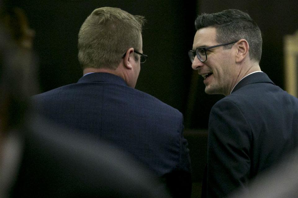 Attorney Jared Keenan (right) with the ACLU speaks with attorney Michael Wozniak after arguing in Hiskett v. Hon. Lambert/State at the Arizona Court of Appeals in Phoenix on Aug. 22, 2019.