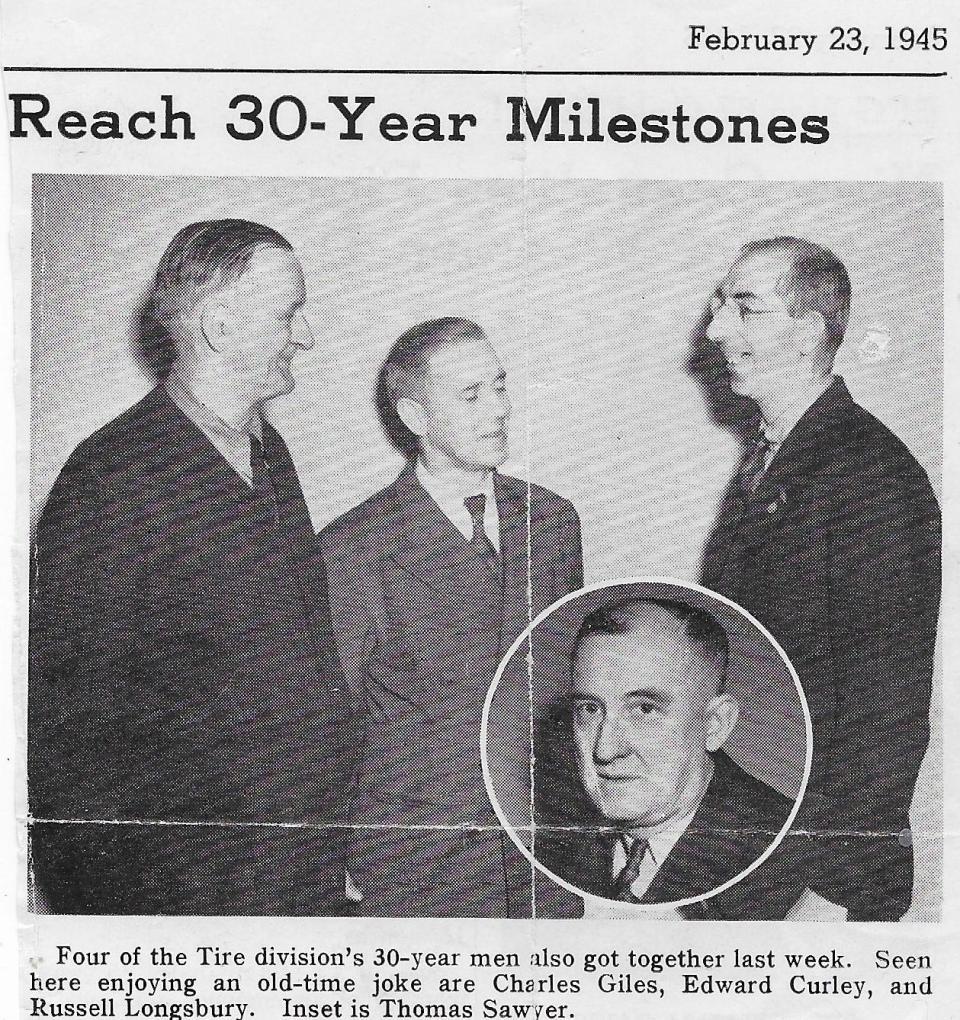 A 1945 clipping from The Circle at B.F. Goodrich features Charles Giles, Edward Curley, Russell Longsbury and Thomas Sawyer.