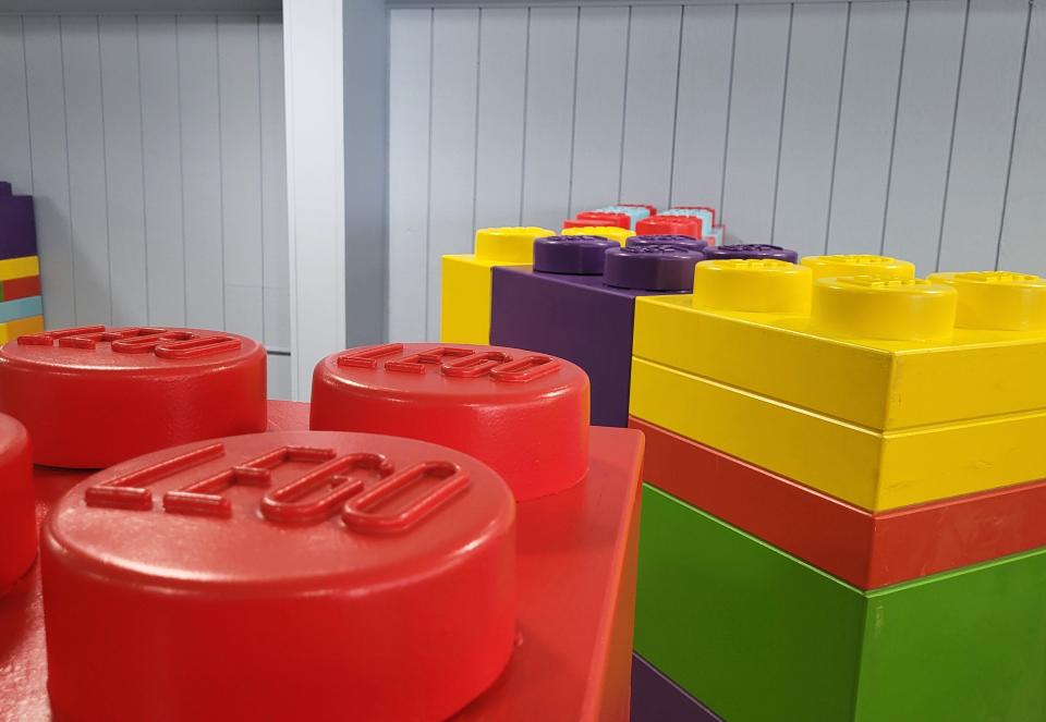 Giant Lego blocks are shown stacked on Tuesday, March 19, 2024, at the former Knowlton Ice Museum site, where the city of Port Huron is expected to open up a kids' museum later this year.