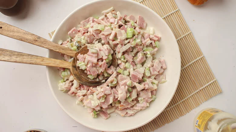 Ham salad in white bowl