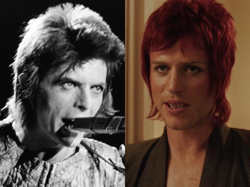 Ziggy Stardust-era David Bowie (left) and Bowie as portrayed in the ‘Stardust’ trailer by Johnny Flynn (right)Getty/IFC Films