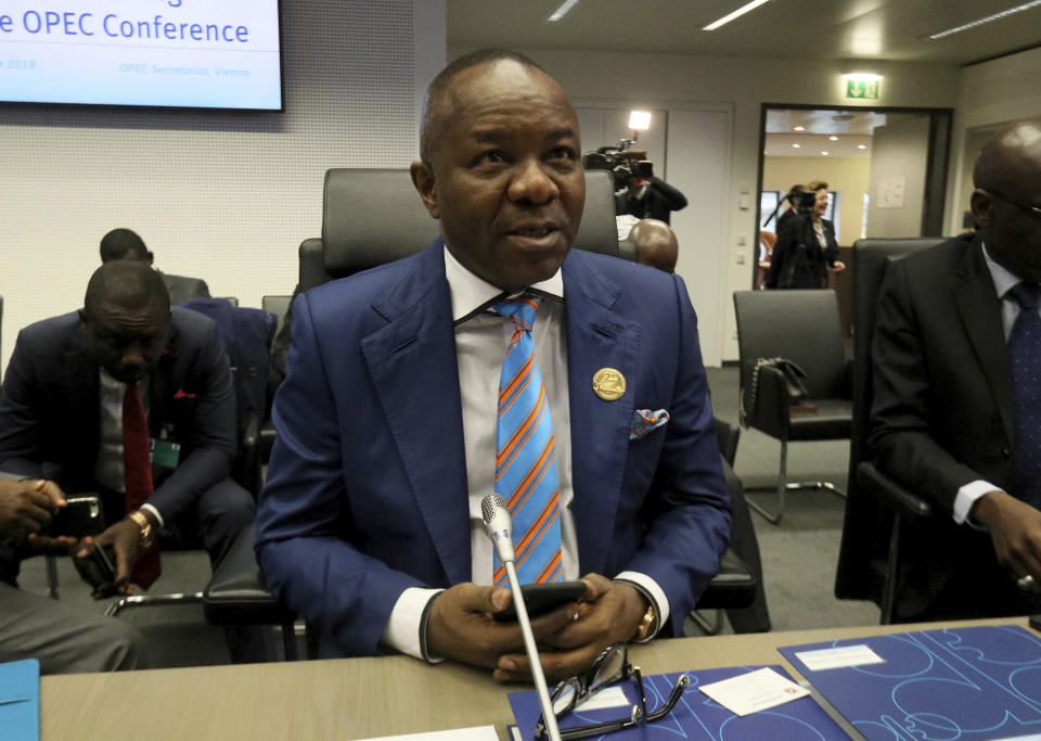 Minister of State for Petroleum Resources from Nigeria Emmanuel Ibe Kachikwu speaks to journalistsprior to the start of a meeting of the Organization of the Petroleum Exporting Countries, OPEC, at their headquarters in Vienna, Austria, Thursday, Dec. 6, 2018. (AP Photo/Ronald Zak)