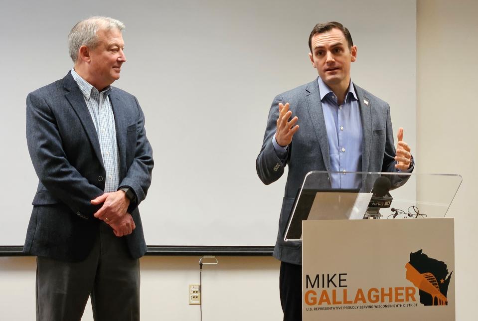 U.S. Rep. Mike Gallagher, R-Green Bay, is joined by state Rep. Joel Kitchens, R-Sturgeon Bay, to talk about problems they've heard with residents in and around Sturgeon Bay receiving their mail consistently. Gallagher held a news conference Friday in Sturgeon Bay to discuss the situation and say he's sending a letter to U.S. Postmaster General Louis DeJoy asking for a plan to fix the issue.