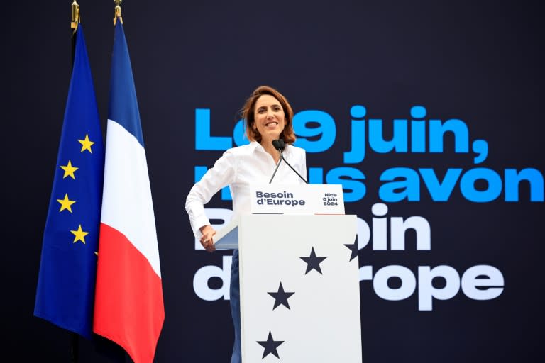 Valérie Hayer, tête de liste du parti Renaissance aux européennes, lors d'un meeting de campagne à Nice, le 6 juin 2024 (Valery HACHE)