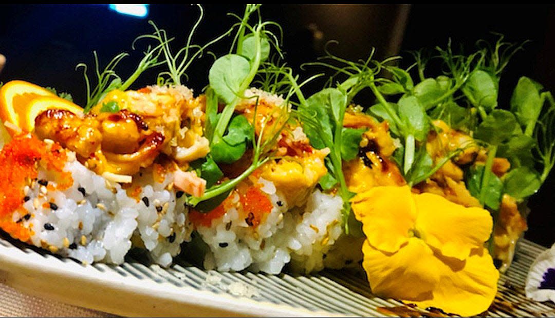 The Manado specialty roll at Tideline Ocean Resort's Mizu features seafood and garlic.